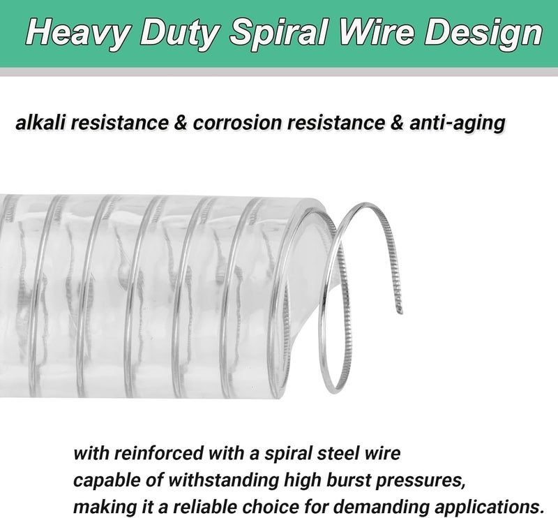 Geowaky Wire Reinforced Hose 1-1/2" id - 10ft Clear High Pressure Suction Line Plastic Vinyl Tubing with Spiral Steel Wire Suction Hose, Drain Water Fuel Powder - Image 4